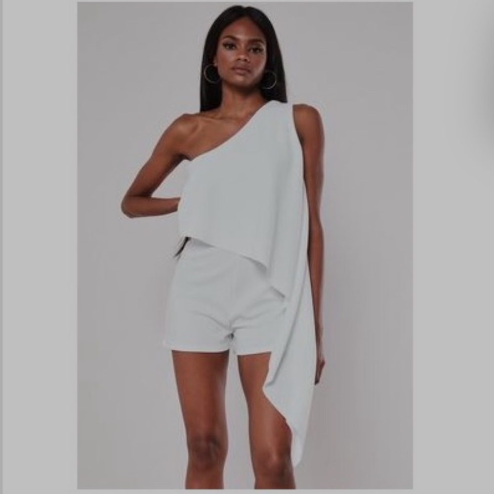 white one shoulder drape romper